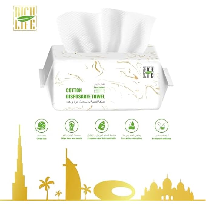 Rich Life DISPOSABLE FACE TOWEL, COTTON TISSUE SOFT DRY WIPES, SIMPLE CLEANING FACIAL TISSUES DRY WET DUAL PORTABLE USE FOR SENSITIVE SKIN & BABY & MAKEUP REMOVER & PERSONAL CARE,PACK OF 20 - Image 2